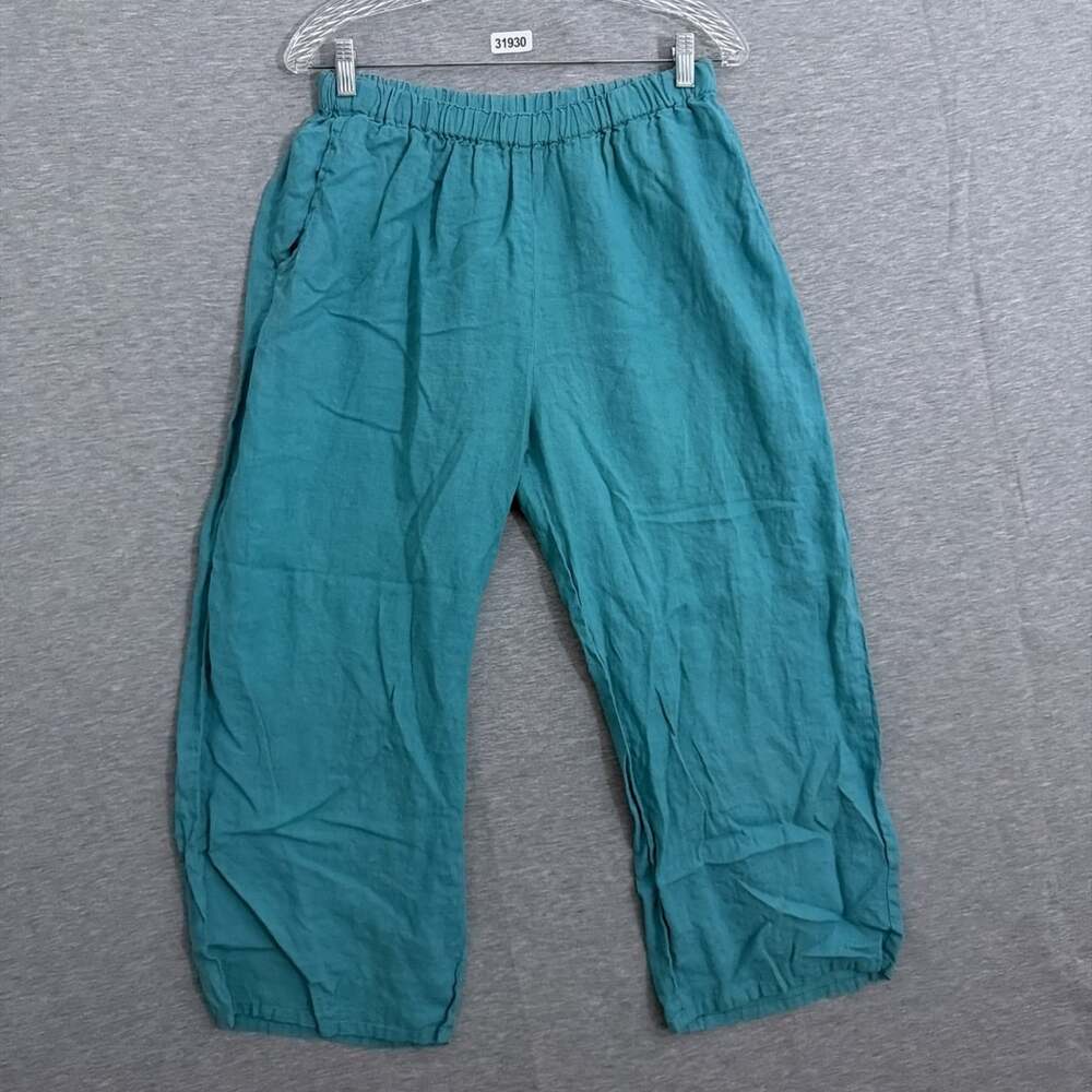 Flax Women's Size Small Blue Linen Pull On Wide Leg Cropped Flood Pants